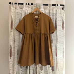 Sézane mini dress. Lace up neckline. Tan khaki, full sweep. EUC. SZ 36.
